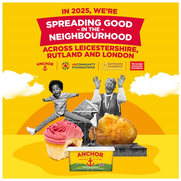 Graphic with various logos from UKCF, Anchor and two participating community foundations against a bright yellow background. Below is a fun photo graphic of a young boy leapfrogging over a giant cupcake next to a laughing older lady waving above a melting jacket potato.