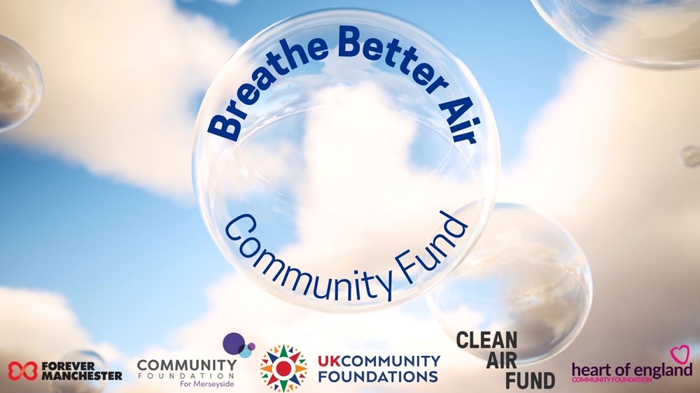 Breathe Better Air Community Fund poster with a bubble in front of clear blue sky and partner logos